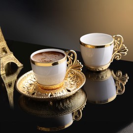 LaModaHome Espresso Coffee Cups with Saucers, Set of 6 Turkish Arabic Greek Coffee Cups for Women, Men, Adults, Guests or for Tea Party. Traditional Cappuccino Cups for Latte, Cafe Mocha - Gold/White