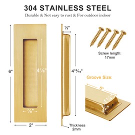 Cozy Tower 6 Inch Recessed Finger Pulls for Pocket Door Sliding Door, Closet Door Pulls Barn Door Handles Brushed Gold Stainless Steel Hardware (2 Pack)