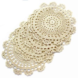kilofly Handmade Crochet Round Cotton Lace Table Placemats Doilies Value Pack [Set of 4], Medallion, 9.8 x 9.6 inch, Beige