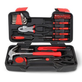 Auto Dynasty 39 Pcs Hand Tool Kit Set General Repair Household Universal Home Tool Kit for Home Household Office Garden Warehouse with Carrying Case, Red
