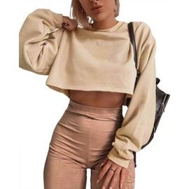 Artfish Women's Crewneck Long Sleeve Workout Casual Cropped Teen Loose Sweatshirts Hoodie Tan Beige l