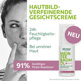 alkmene My Tea Tree Oil Face Cream 50 ml Pimple Reduction 91% Confirmed - Natural Pure Tea Tree Oil, Vegan & Climate Neutral - 24h Moisturiser for Blemished Skin - Tea Tree Oil Cream for Pimples