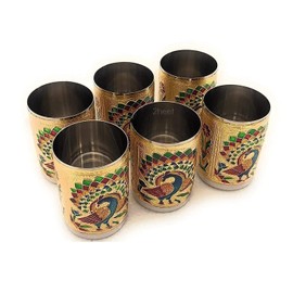 2heet Stainless Steel Handmade Meenakari Peacock Design Decorative Glass Set for Home Traditional Indian Style Set of 6 Glass (Golden Color), 250 ml
