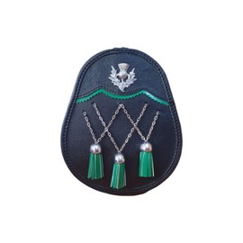 Jacobite Black Leather Sporran – 100% Cowhide Fur with Silver Brass Zik Zak Chain & 3 Green Tassels – Scottish Highland Dress Pouch – Includes Adjustable Leather & Metal Belt