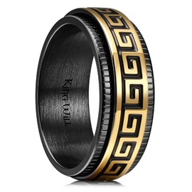 King Will Stainless Steel Spinner Wedding Band for Men 8mm Black Golden Plated Greek Key Ring Fidget Ring R(9)