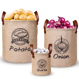 Kamehame Potato and Onion Storage Bag Set of 3, Reusable Potato Storage Container Onion Bag Garlic Keeper, Open-Top Lined Burlap Potato Sacks for Storage