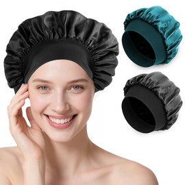 Romon Satin Hair Hat, Pack of 2, Silk Sleep Cap, Night Sleep Cap, Headwear, Soft Headwear, Adjustable Sleep Cap with Elastic Band for Women and Girls, Black and Peacock Blue