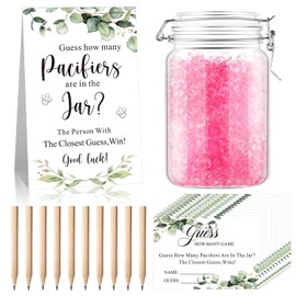 Trandraft 462 Pcs Baby Shower Game Guess How Many Pacifiers Greenery Game Sign with 400 Pacifiers 50 Small Guessing Games Cards 10 Pencils 1150 ml Jar for Guests Gender Reveal (Pink,Green Leaves)