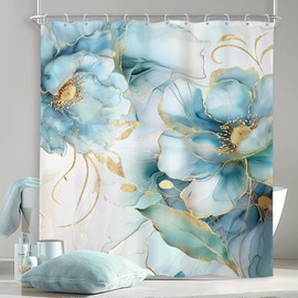 Newsely Marble Shower Curtain 72Wx84L Inch Teal Blue Gold Ombre Abstract Floral Flower Luxury Modern Ink Texture Minimalist Bathroom Set Elegant Girl Waterproof Bath Decoration Accessories Home Decor