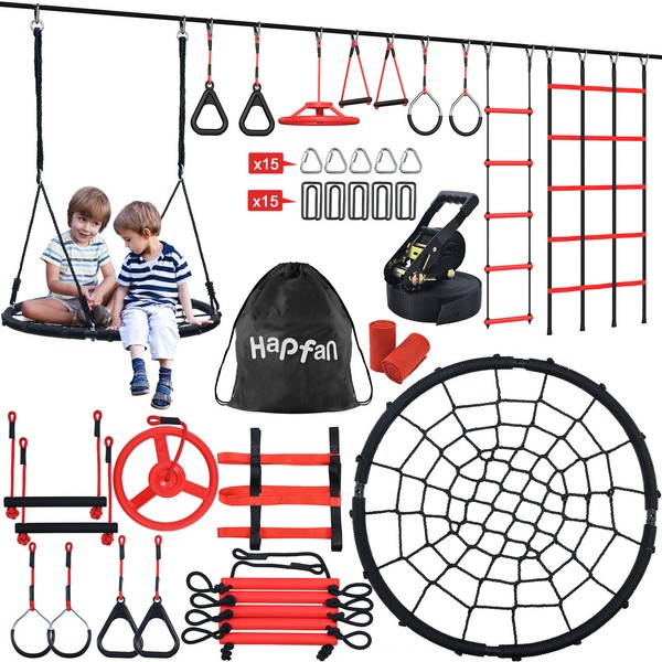 Hapfan 50ft Ninja Warrior Obstacle Course for Kids with Swing