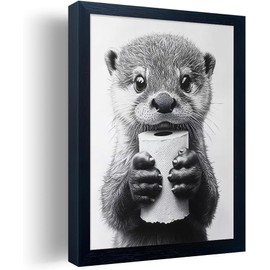 Minimalist bathroom wall decor, Otter wall art for grabbing toilet paper, hilarious, funny bathroom animal art, black and white canvas print painting can be hung directly - frame -11 "x 14"