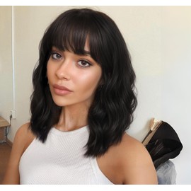 Wig With Bangs 14 Inch Short Wavy Hair Wigs Curly Bob Wig with Bangs Wigs Synthetic Wig With Bangs Shoulder Length Wigs for Black Women Bob Style Synthetic Heat Resistant Bob Wigs