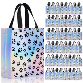 Sadnyy 50 Pcs Dog Paw Iridescent Gift Bags with Handles and Sturdy Bases 8 x 4 x 10 Inch Candy Goodie Bags Reusable Non-woven Tote Handles for Presents Wrapping Party Favor Supplies(Black and White)