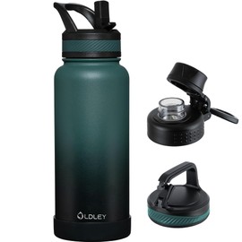 OLDLEY 32 oz Insulated Water Bottle With Straw, Stainless Steel Sports Water Cup Flask with 3 Lids(Straw, Spout and Handle Lid) Double Walled Travel Thermal Canteen Mug,Midnight Black