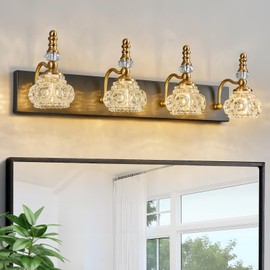 LBSQJ Bathroom Light Fixtures, Modern Glass Crystal Bathroom Vanity Light Vintage Bathroom Lighting Fixtures Over Mirror 4 Light Vanity Lights G9 Bulb (27.55 Inch, Black Gold)