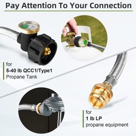 12 FT Propane Hose Adapter 1lb to 20lb with Guage,Stainless Braided Propane Hose Adapter 1lb Portable Appliance to 20lb or 5-40lb QCC1/Type1 Tank for Camping Stove,Portable Heater, Gas Grill