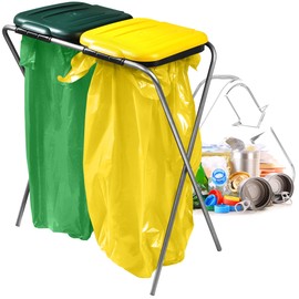 KADAX Double Bin Bag Holder, Bin Bag Stand in 5 Colour Versions, Stand for Waste Separation with Plastic Lid, Bin Bag Holder for 120 L Bags (Green/Yellow)