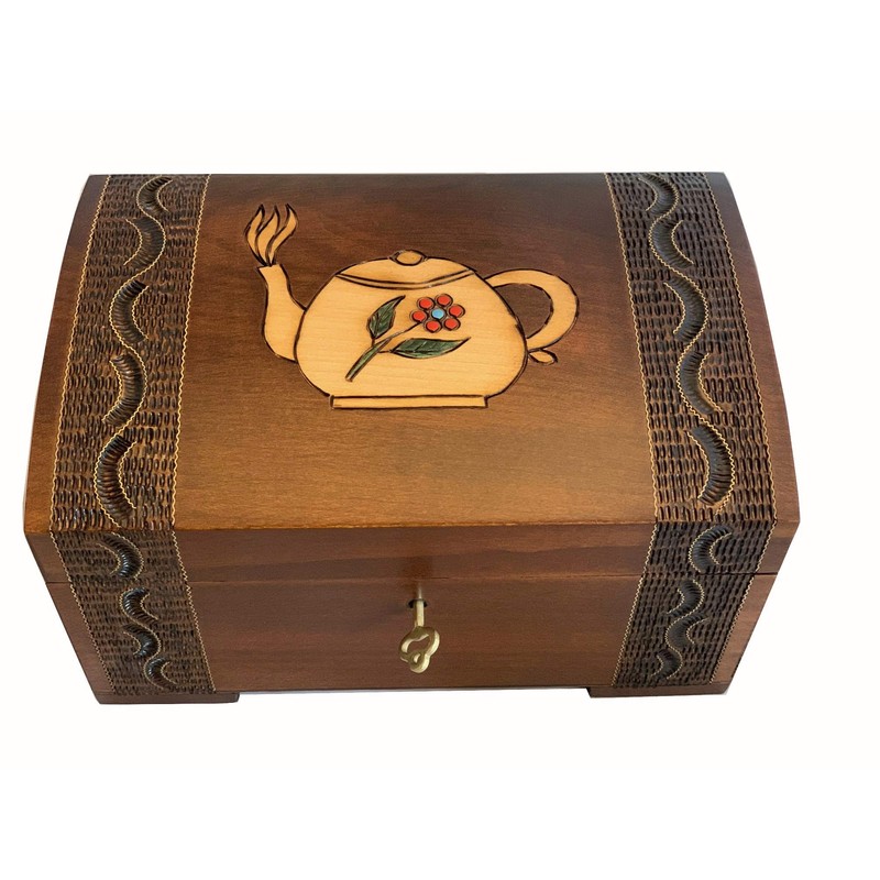MilmaArtGift Tea Chest Hand-Carved Floral Teapot Design Decorative Wood Chest