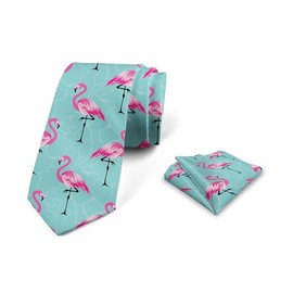 Lunarable Turquoise Men's Tie Set, Repetitive Pink Flamingos on Wavy Water Background Vivid Colors Graphic, Necktie Set Groom Handkerchief for Parties Weddings & All Occasions, Pink Seafoam