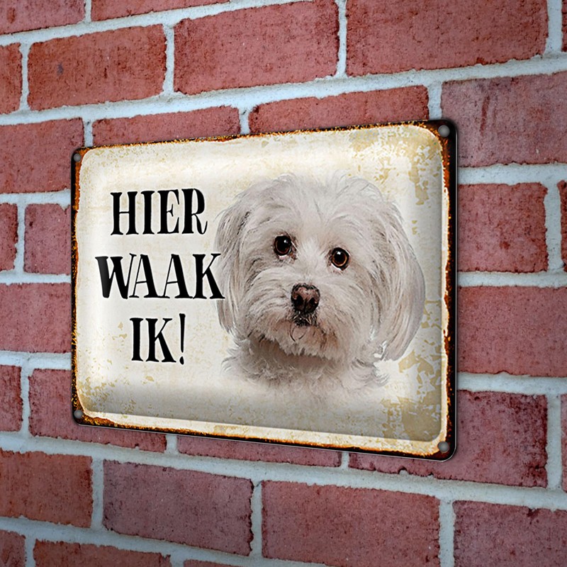 Niedliches Blechschild | Hier waak ik! | Hundemotiv | Außenbereich