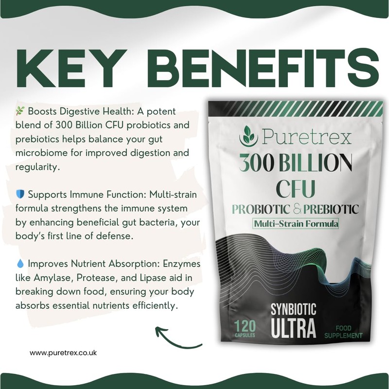 PURETREX 300 Billion CFU Probiotic & Prebiotic Multi-Strain Formula, Synbiotic