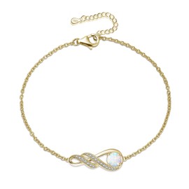 LOCIBLO October Birthstone Bracelets for Women 925 Sterling Silver Synthetic White Opal Bracelet Gold Plated Infinity Pendant Jewellery for Her, 6.7"+1.2"