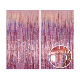 Rose Gold foil Fringe Background, 2 Packs 3.28ft x 8.2ft Wire foil Fringe Curtains, Suitable for Photo Booths, Valentine's Day, Birthday, Wedding, New Year's Party Decoration, Rose Gold