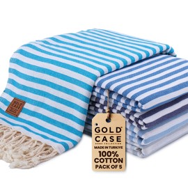 Gold CASE Turkish Beach Towel Set of 5-100% Cotton Beach Towels Oversized 71 x 40'' - MYRA Extra Large Beach Towels - Quick Dry & Sand Free Beach Towel - Turkish Towels for Pool - Blue Tone