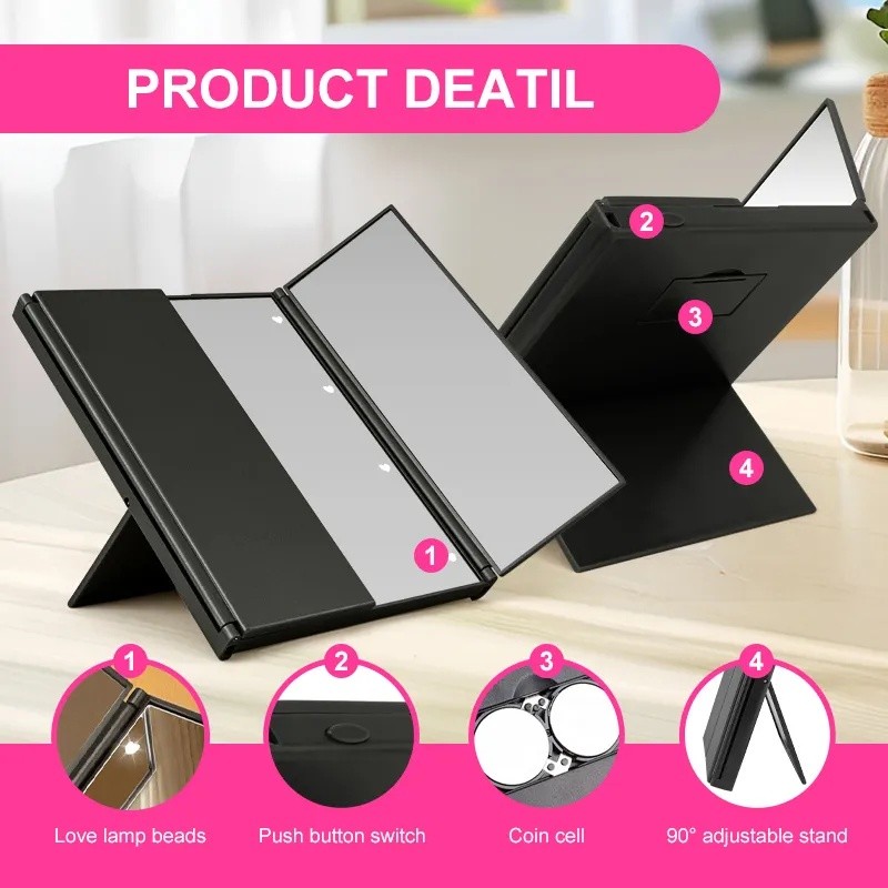 LED Makeup Mirror for Beauty Routines – Three-Sided Folding Vanity