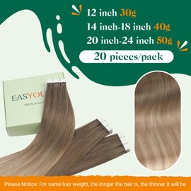 Easyouth 24 Inch Tape in Extensions Human Hair Ombre Tape Hair Extensions Real Human Hair Light Brown to Ash Blonde and Platinum Blonde Balayage Remy Hair Extensions Tape in Human Hair 50g 20Pcs