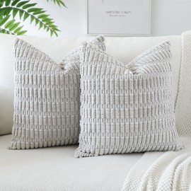 OTOSTAR Pack of 2 Corduroy Soft Decorative Throw Pillow Covers Boho Striped Square Cushion Case Home Decor Pillow Covers for Couch Sofa Bed Decorative Pillowcases 20 x 20 Inch (Light Gray)