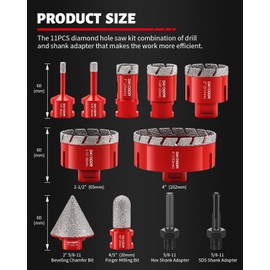 DAYDOOR Diamond Hole Saw Kit, 11-PieceTile Hole Saw Kit 6/8/25/35/51/65/102mm, Vacuum Brazed Core Drill Bits for Porcelain Tile, Granite, Marble, Stone