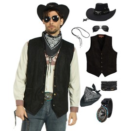 minkasic Cowboy Costume Outfit for Men Western Cowboy Clothes Vest Hat Belt Bandana Accessories for Cowboy Party Cosplay Daily Black XL