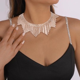 Flyonce Rhinestone Tassel Choker Necklace, Chunky Statement Necklace Costume Jewelry, Crystal Fringe Chain Neck Wedding Bridal Party Club Accessories Gold-Tone