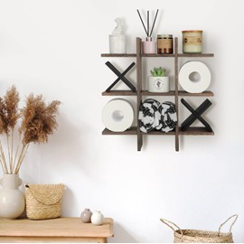 Weysat Tic Tac Toe Toilet Paper Holder Stand Toilet Paper Storage Bathroom Decor Rustic Wooden Hanging Storage Freestanding Wall Mounted Shelves Decor for Toilet Tissue Farmhouse(Brown, Black)