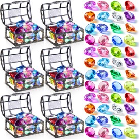 Seenelling 100 Pcs Big Diving Gems Pool Toys with 6 Treasure Chest for Kids Acrylic Diamond Pool Gemstone Fake Treasure Pirate Box Underwater Diving Swimming Training Gift Summer Party Favors
