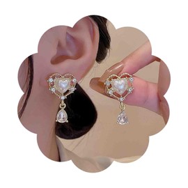 Yheakne Boho Pearl Heart Earrings Gold Heart Drop Earrings Vintage Teardrop Dangle Earrings Hollow Rhinestone Heart Stud Earrings Jewelry for Women