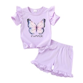 YOUNGER TREE Baby Girl Clothes Cartoon T-Shirt Shorts Set Toddler Summer Outfits (Purple Butterfly, 4-5 Years)