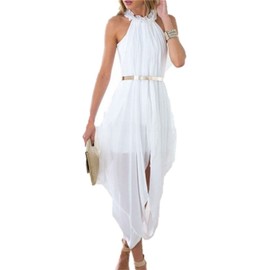 DESIGNER97 Women's White Sheer Chiffon High Low Beach Party Wedding Dress Folds Loose Casual Evening Dress with Delicate Gold Belt XX-Large