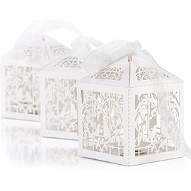Naler 50 Caja de Regalo de Bautizo, Baby Shower, Boda, Caja de Regalo de Caramelos, Caja de Papel para Regalo de Boda, Regalo de Fiesta, Envoltorio con Cinta (Blanco)