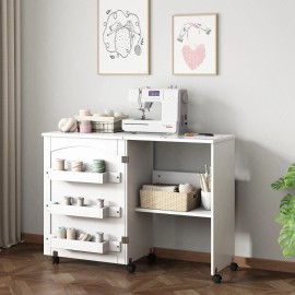 Folding sewing machine table with storage shelves and lockable casters, white