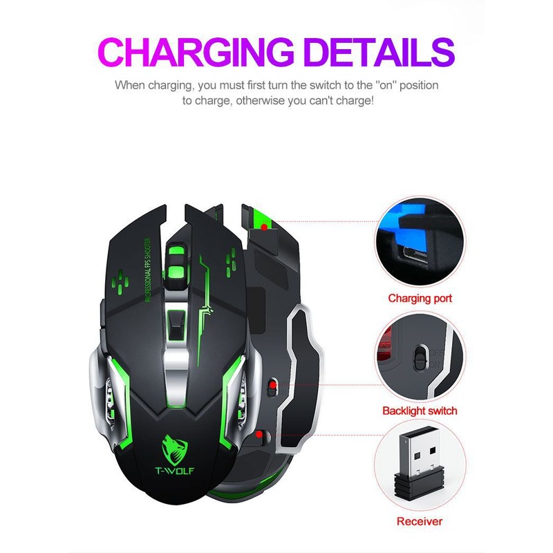 Thunder Wolf Q13 Charging Mute Wireless Mouse Gaming Business Luminous