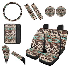 Wanyint Aztec Cow Print Retro Car Accessories Set 12 PCS, Front and Back Car Seat Covers Steering Wheel Cover Seat Belt Pad Armrest Cover Coasters Handbrake Gear Shift Cover Fit for Most Vehicles