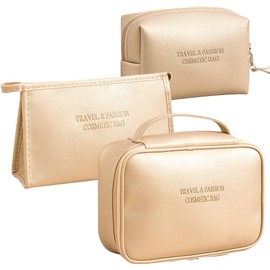 Veki Toiletry Bag Set of 3 Toiletry Bag, PU Leather Large Cosmetic Bag Organiser for Women and Girls, Portable Waterproof Travel Cosmetic Bags, Gold tone leather, simple