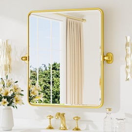 TETOTE Glossy Gold Pivot Mirror for Bathroom 20 x 24 Pivoting Tilt Rectangle Beveled Mirror, Farmhouse Metal Framed Bathroom Vanity Mirror for Wall, Horizontal/Vertical, Stable Halt-and-Hold