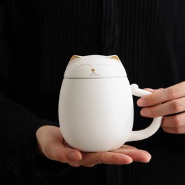 Rain House Cat Mugs with Infuser and Lid, Cute Tea Cups Kawaii Mug in Ceramic for Steeping Loose Leaf, Handmade Porcelain Teacup Teapot for Home Office, Portable Shatterproof Case 350ML (White)