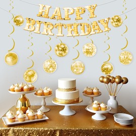 Kreatwow Gold Disco Birthday Party Decorations Disco Happy Birthday Banner Disco-Ball Hanging Swirls Retro Dance Fever Back to 70s 80s Hippie Party Hanging Streamers for Birthday Bachelorette