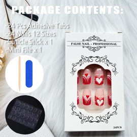 24Pcs Valentines Press on Nails Medium French Tip Fake Nails with Glue Romantic Red White Heart Acrylic Nails Design Valentines Day False Nails Stick on Nails for Women DIY Valentines Nail Decoration