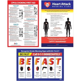 Workplace Safety Posters 3-Pack: FAST Stroke Signs, Heart Attack Symptoms, CPR & Choking First Aid - Laminated, 12x18