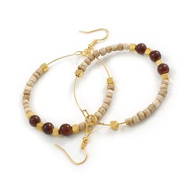 50mm Antique White Glass and Brown Ceramic Bead Large Hoop Earrings in Gold Tone - 70mm Drop